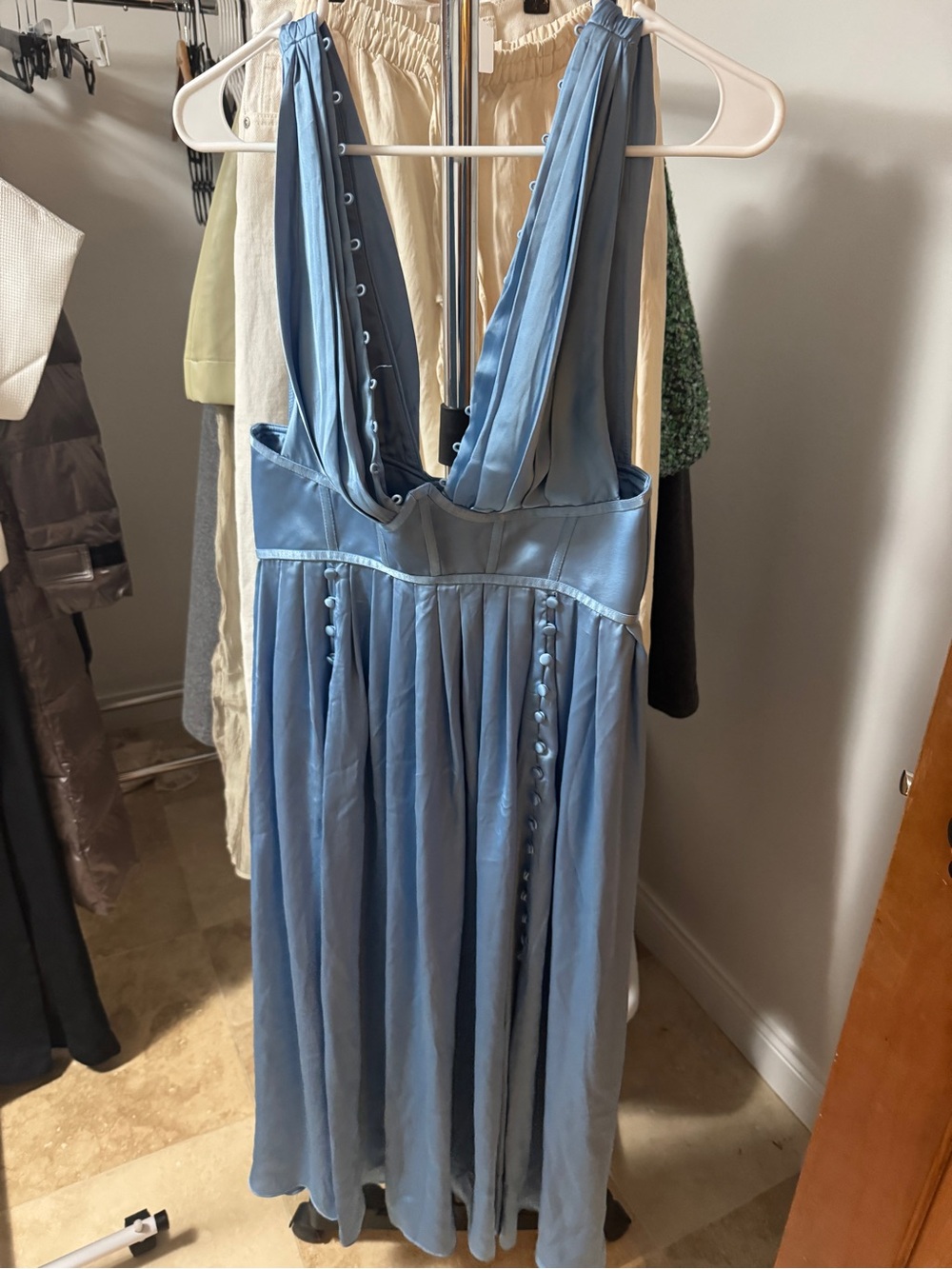 asos blue cinderella Sleeveless Plunge midi pleated Corset Dress Button Detail